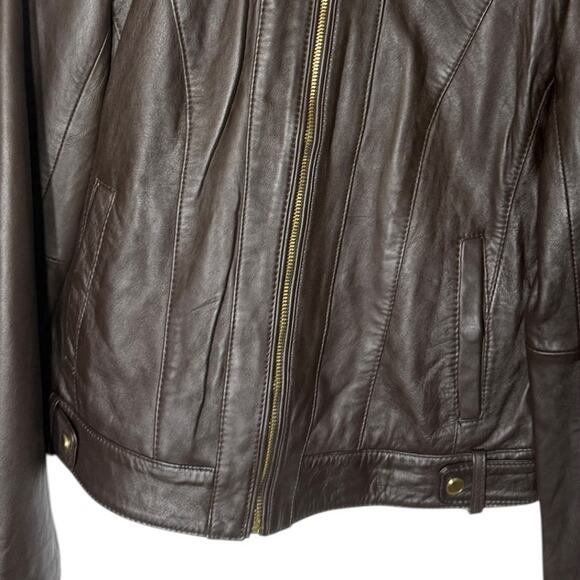 Cole Haan Lambskin Leather Moto Jacket Brown Gold Hardware Small - Picture 12 of 13
